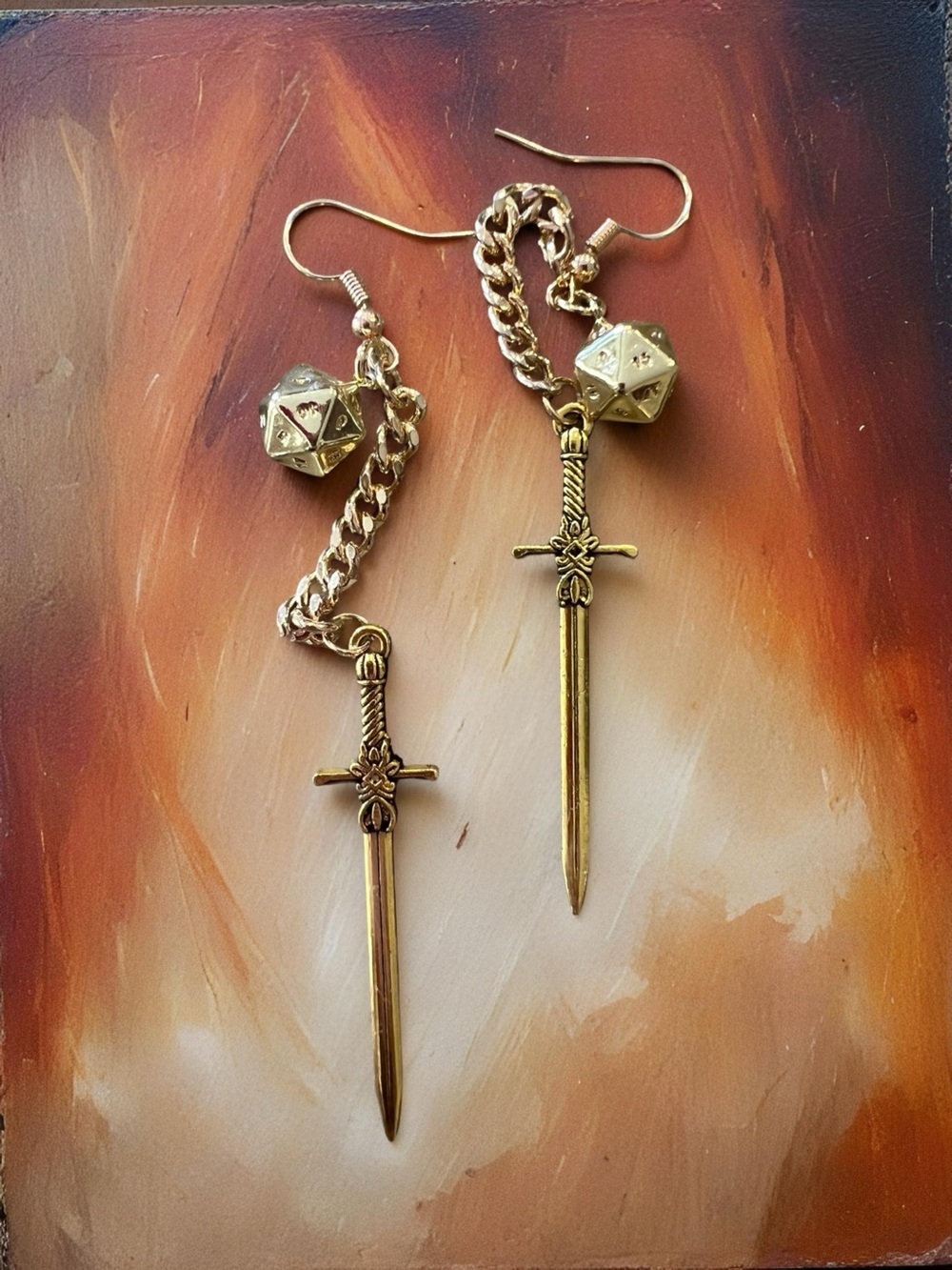 Dungeons and Dragons Sword Dangle Earrings with D20 Die